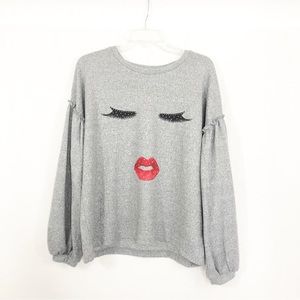 NEW Love + Luxe Soft Face Eyelashes Lips Balloon Sleeve Top, Size Medium, Gray